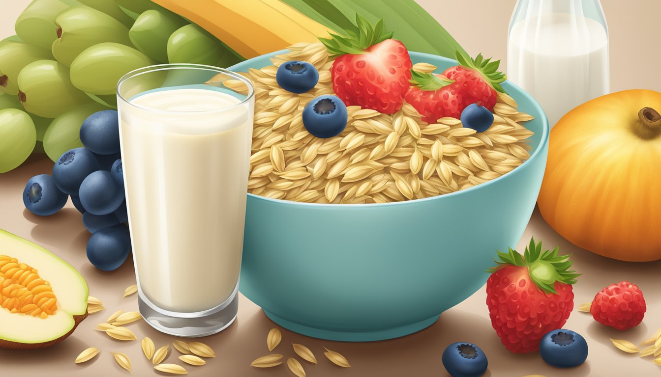 A colorful bowl of Gerber Organic Barley Cereal surrounded by ripe, freshly-picked fruits and a carton of organic milk