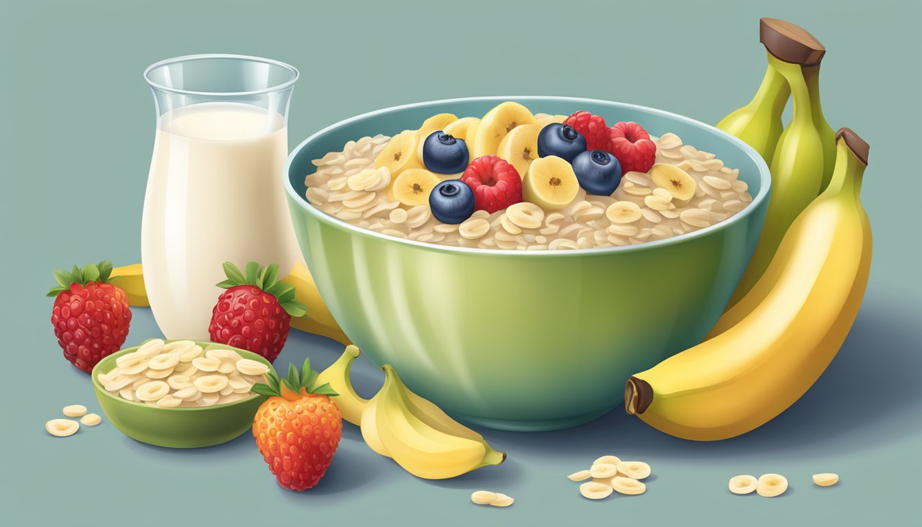 A bowl of Gerber organic oatmeal cereal with banana, surrounded by various fruits and a small container of milk