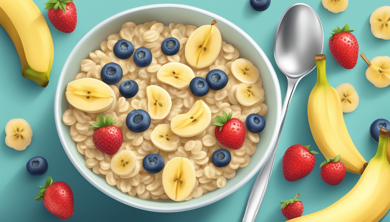 A colorful bowl of Gerber organic oatmeal cereal with banana, surrounded by fresh fruit and a spoon