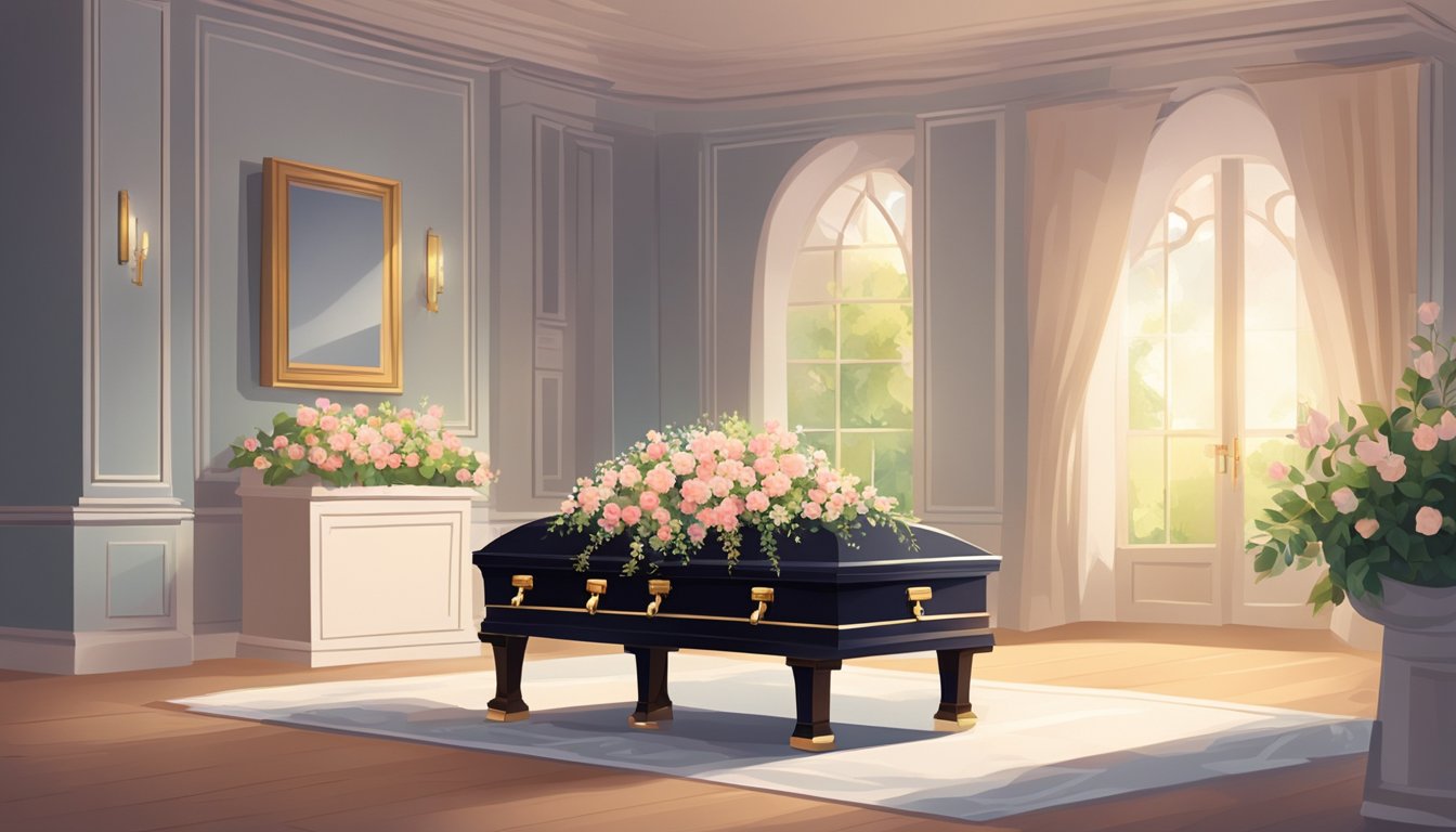 A room with a simple casket placed in the center, surrounded by soft lighting and flowers. A sense of quiet reverence fills the space