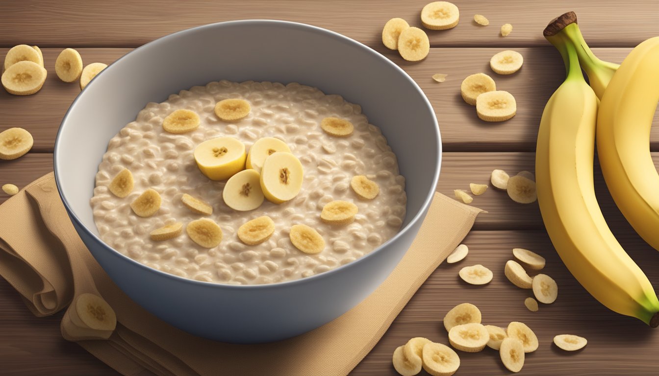 A bowl of Gerber organic oatmeal cereal with banana sits on a wooden table, surrounded by scattered oats and a few ripe bananas