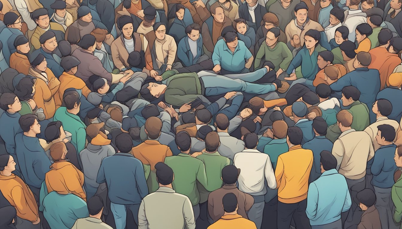 A person lying on the ground with a crowd gathered around, a sense of urgency and panic in the air