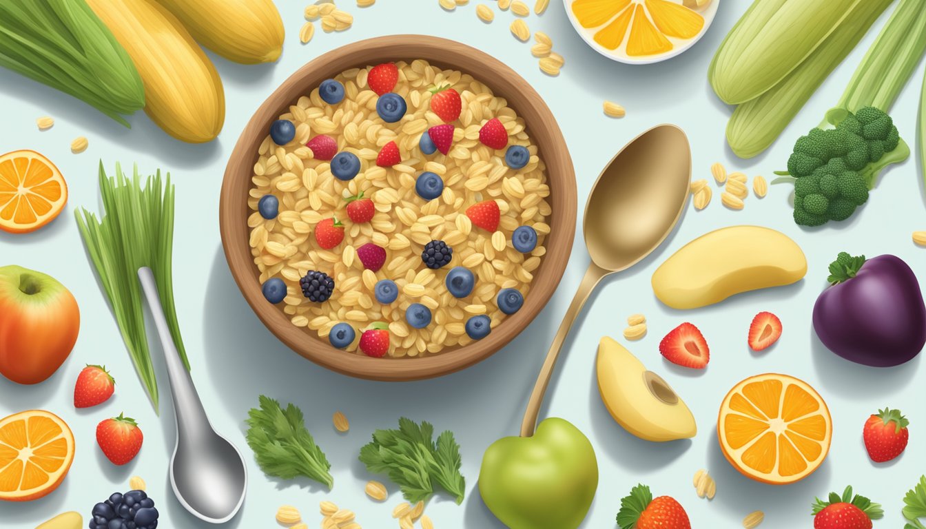 A bowl of Gerber organic barley cereal with a spoon, surrounded by fresh fruits and vegetables