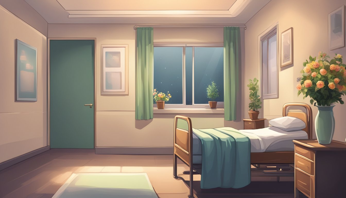 A dimly lit room with an empty hospital bed and a small table holding a vase of flowers. A sense of finality and closure lingers in the air