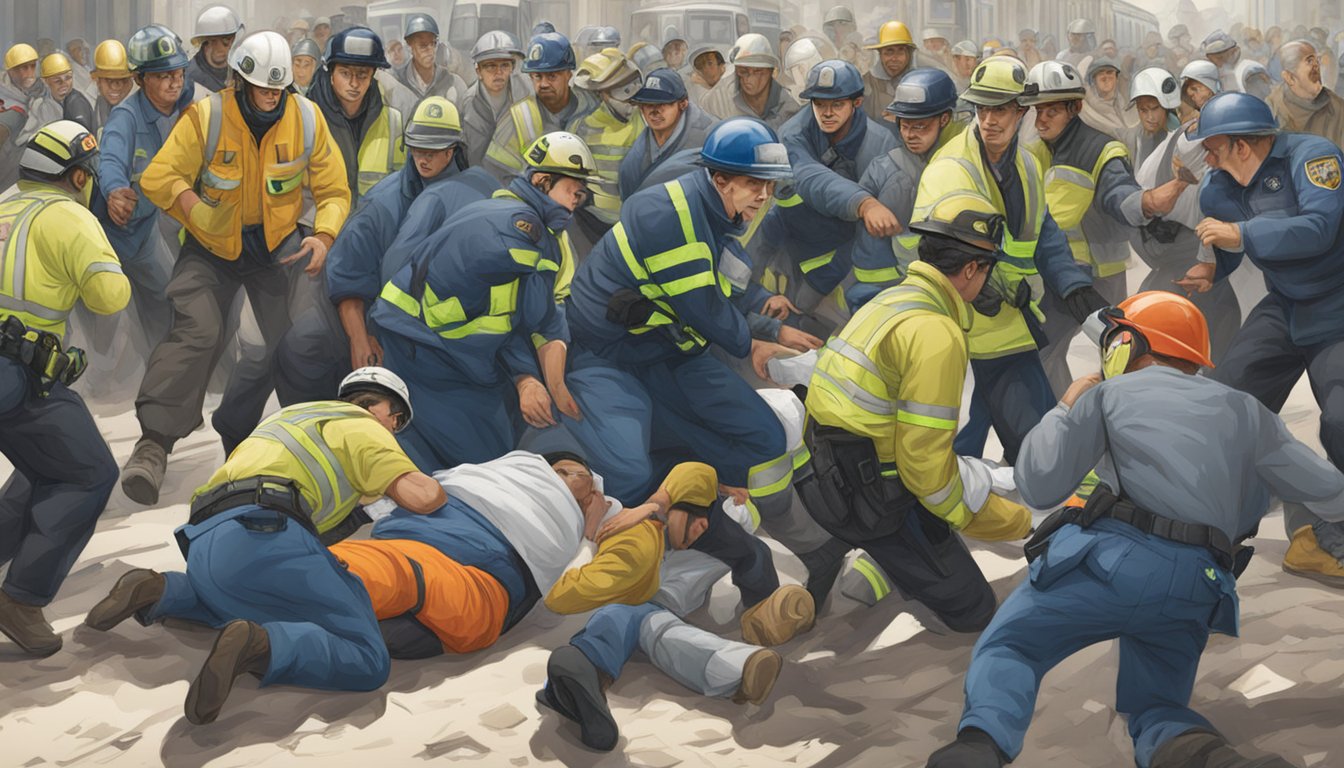 A person lying unconscious on the ground, surrounded by concerned onlookers and emergency responders rushing to provide aid