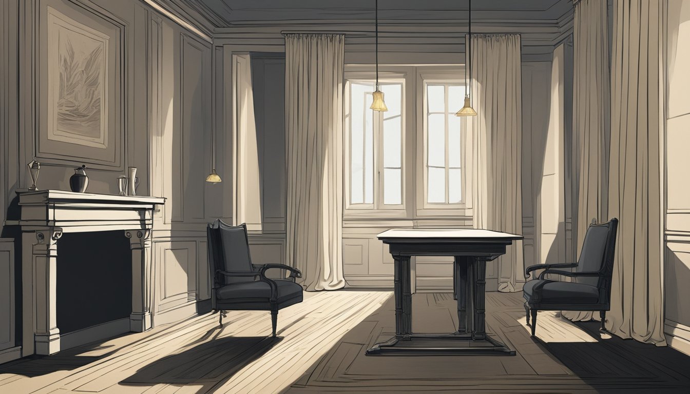 A dimly lit room with a draped table holding a covered form. A single chair sits in front, casting a long shadow