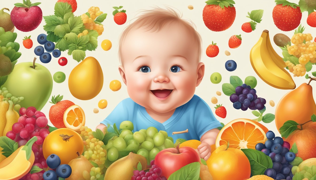 A happy baby surrounded by colorful fruits and grains, with a prominent probiotic symbol