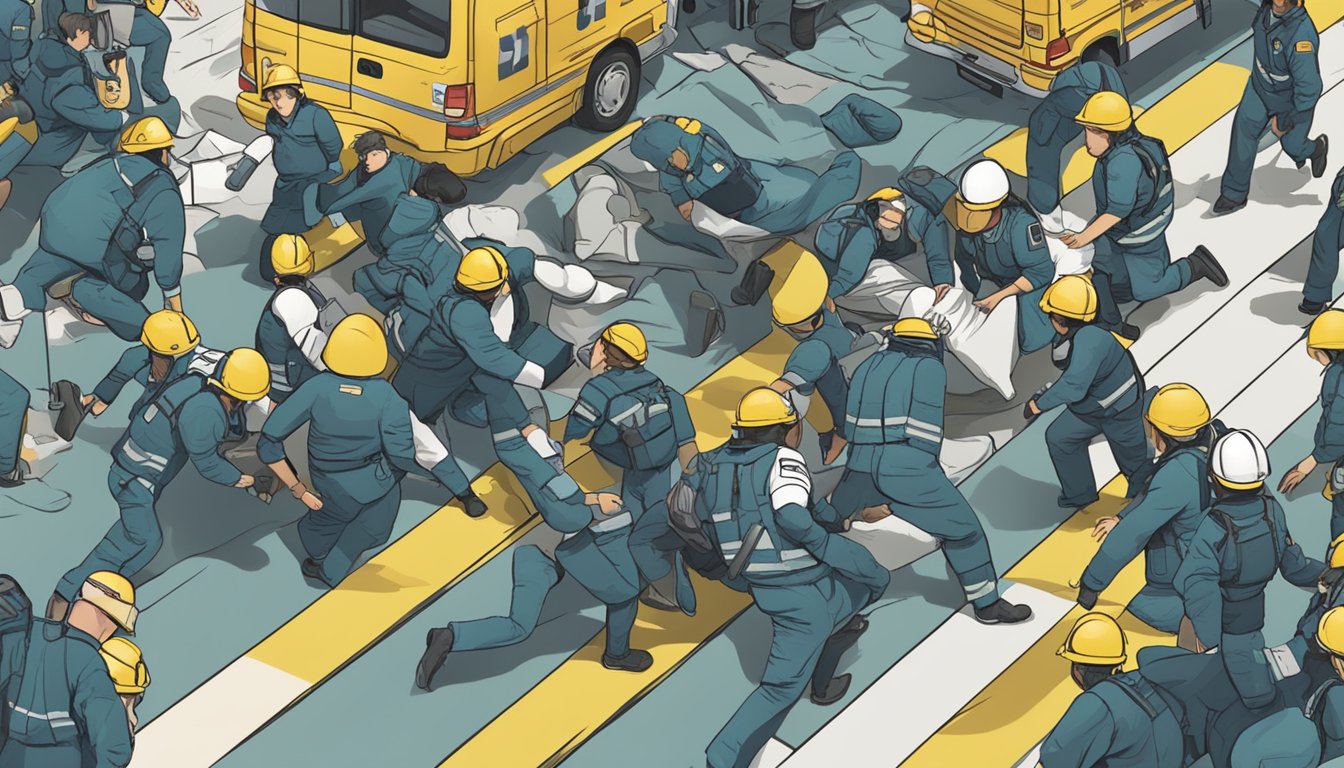 A group of people frantically surround a collapsed figure, while a paramedic rushes to the scene with a defibrillator