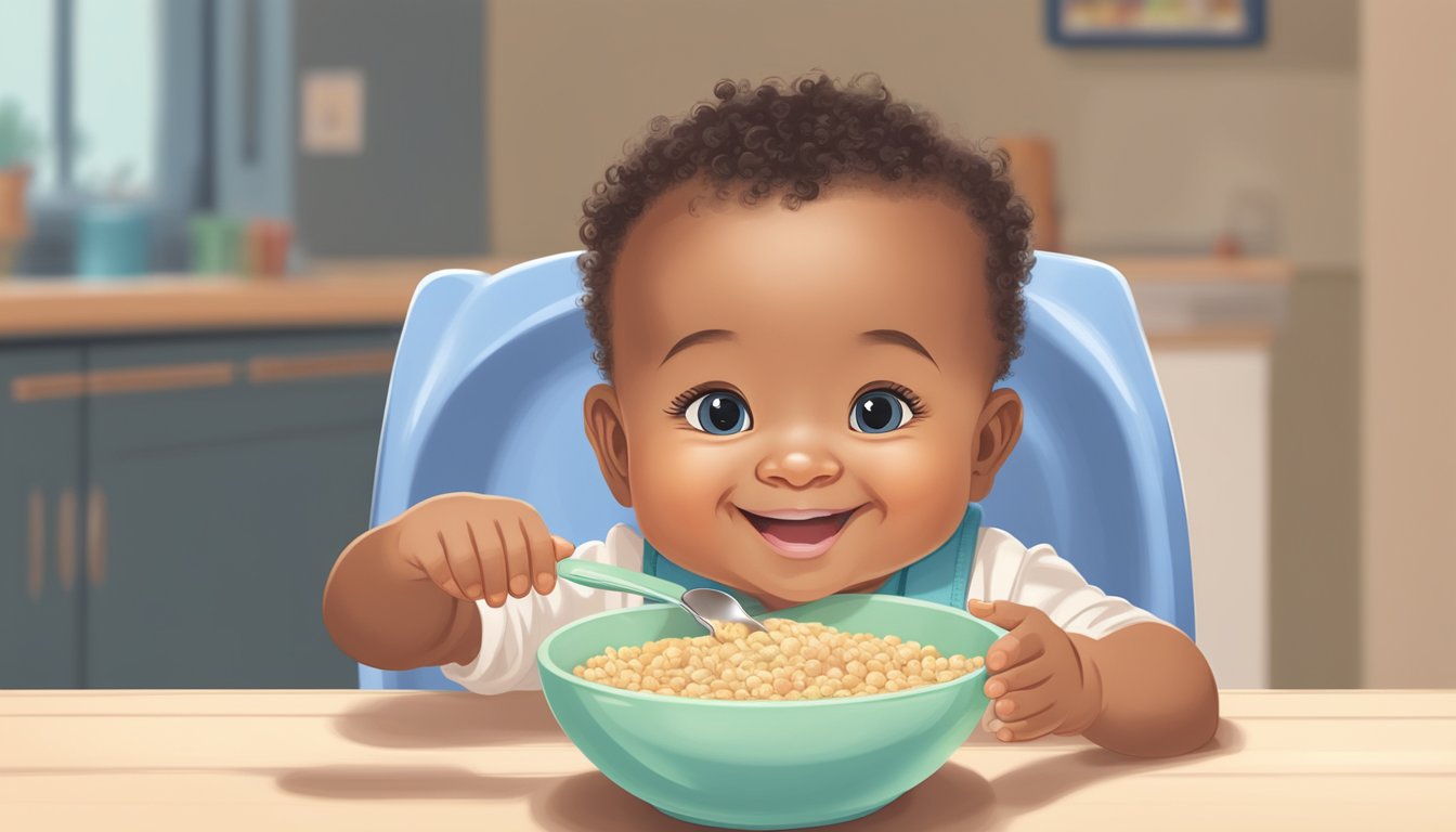 A smiling baby sits in a high chair, eagerly reaching for a bowl of organic probiotic baby cereal. A caregiver's hand holds a spoon, ready to feed the baby