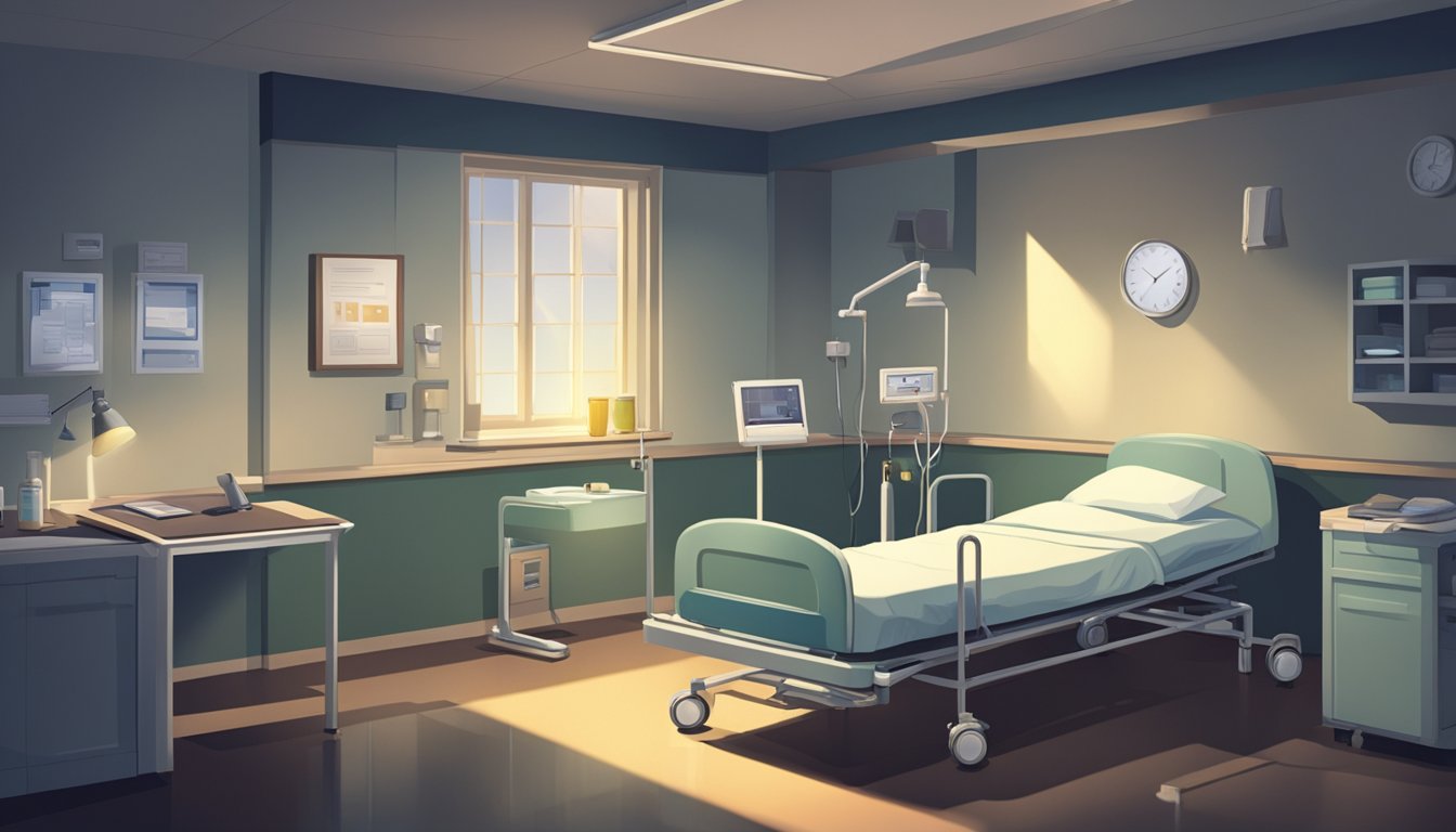 A dimly lit hospital room with a single bed, medical equipment, and a somber atmosphere. A sense of loss and grief permeates the space