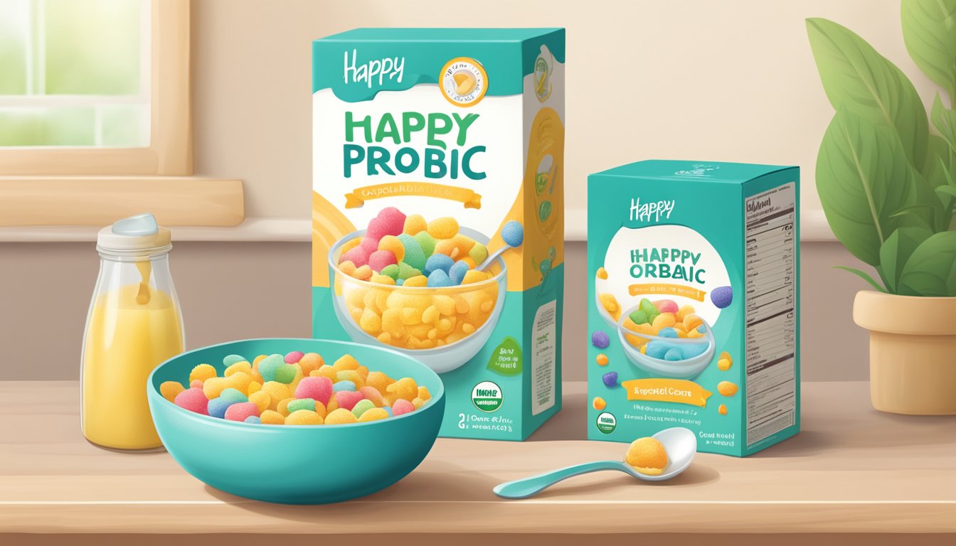 A colorful box of Happy Baby organic probiotic baby cereal on a shelf with a spoon and bowl nearby