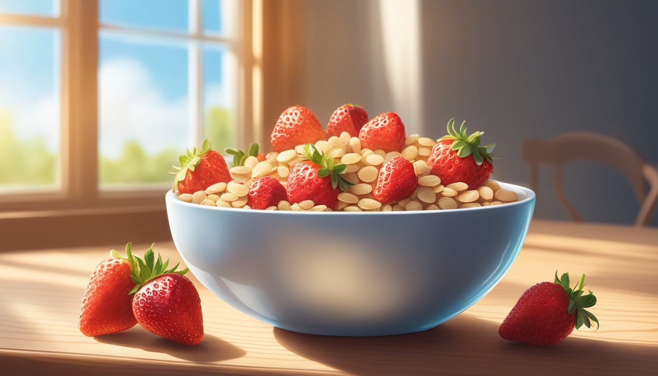 A bowl of Gerber organic multigrain cereal with fresh strawberries on a wooden table. Sunlight streams in through a nearby window, casting a warm glow on the scene