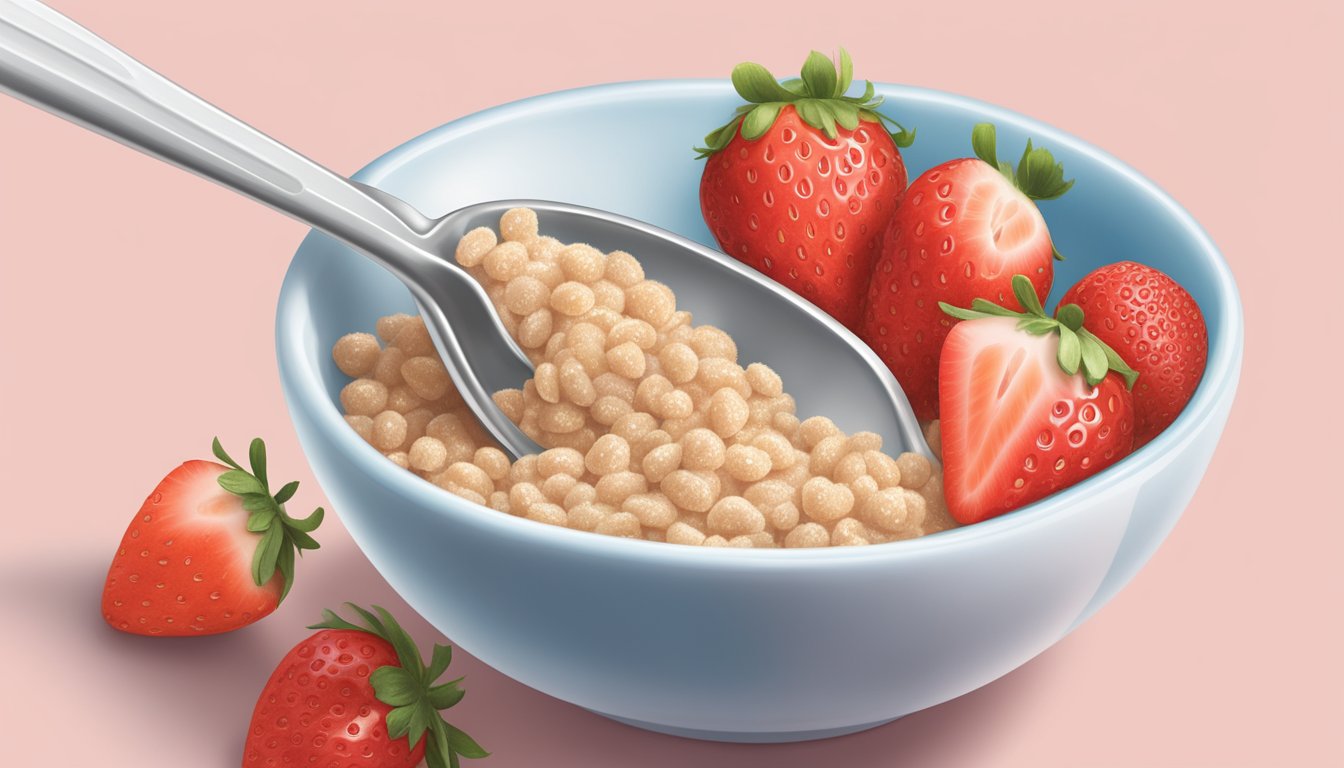 A baby's spoon scoops up a dollop of Gerber organic multigrain cereal with strawberry, ready to be fed