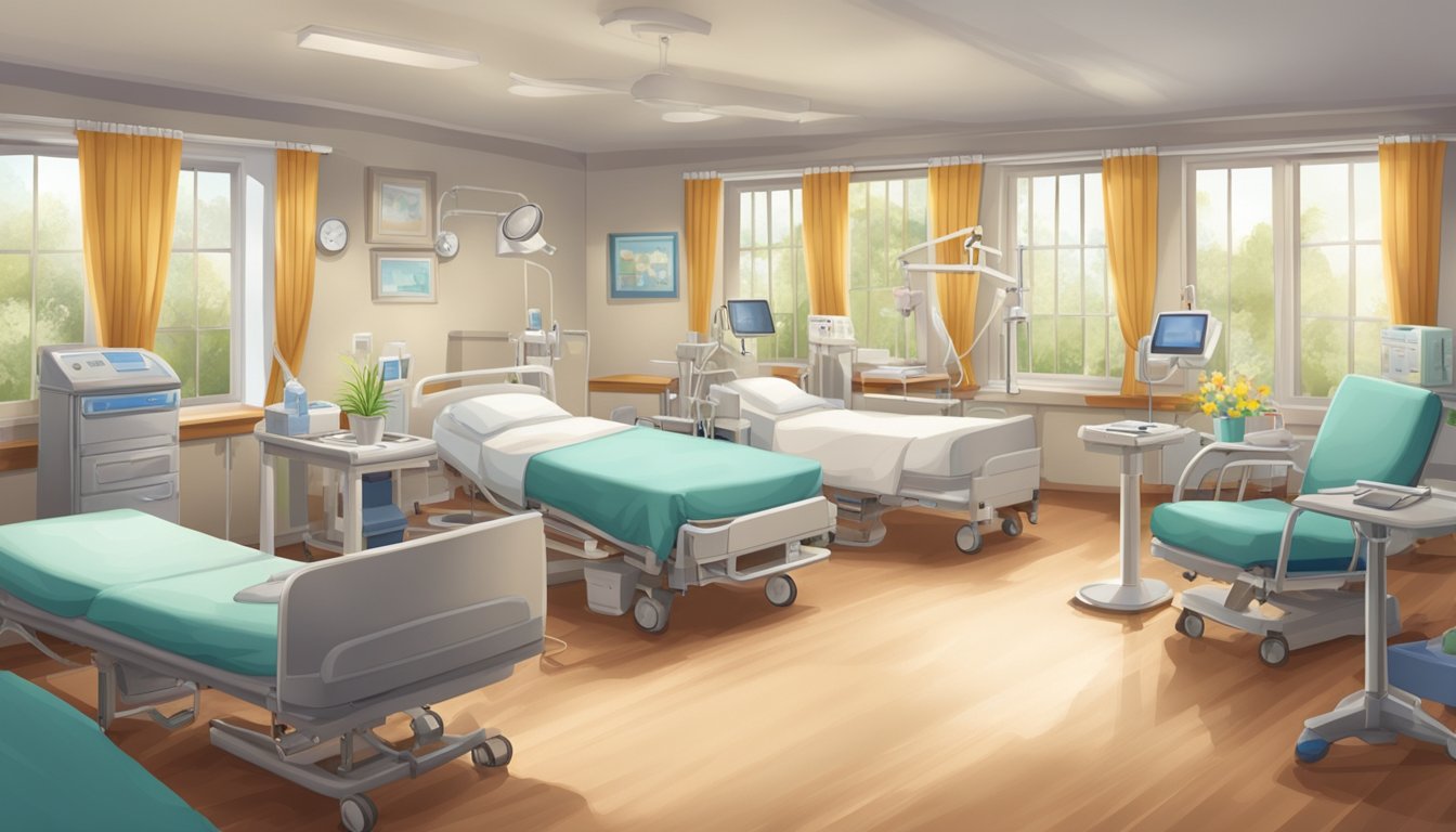 A hospital room with medical equipment, a hospice room with a peaceful atmosphere, and a cozy home setting with family members gathered around