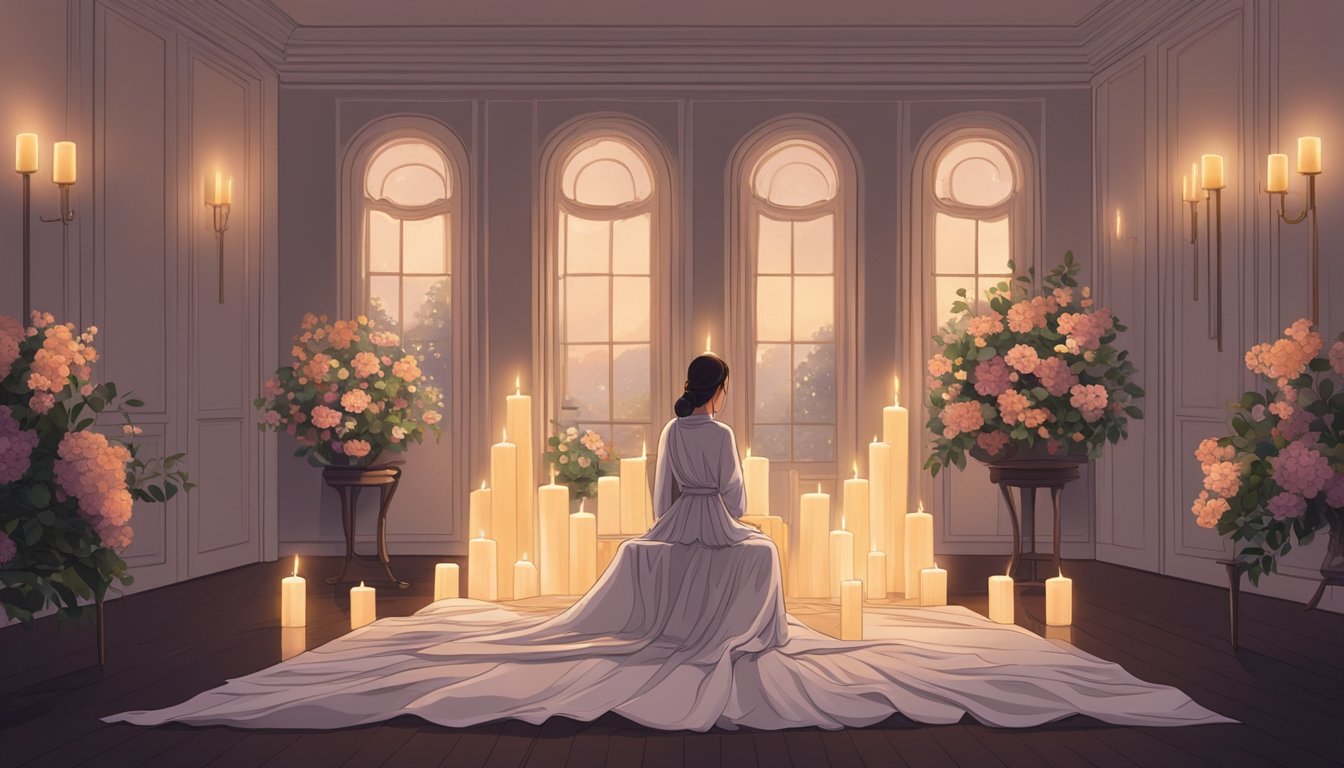 A dimly lit room with a peaceful atmosphere. A draped figure lies on a table, surrounded by flowers and softly glowing candles