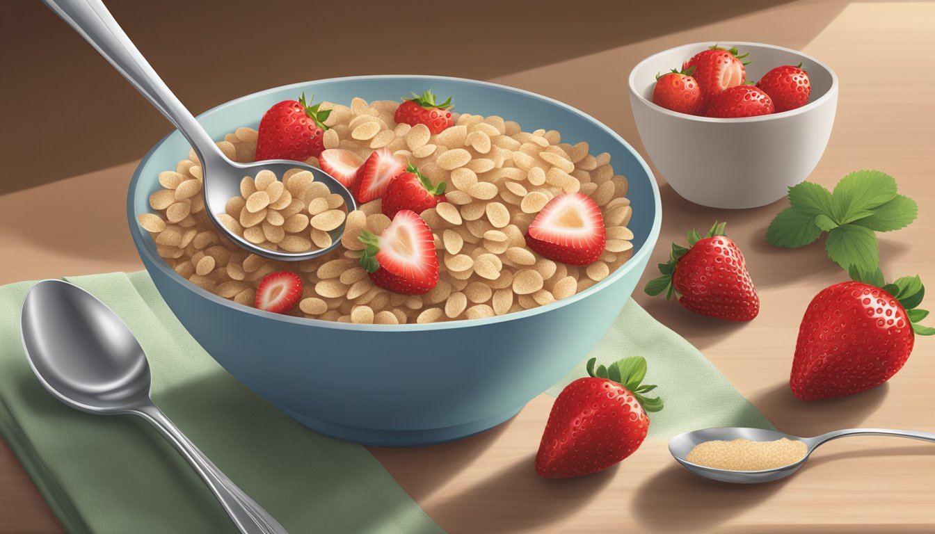 A bowl of Gerber organic multigrain cereal with strawberries sits on a table with a spoon alongside