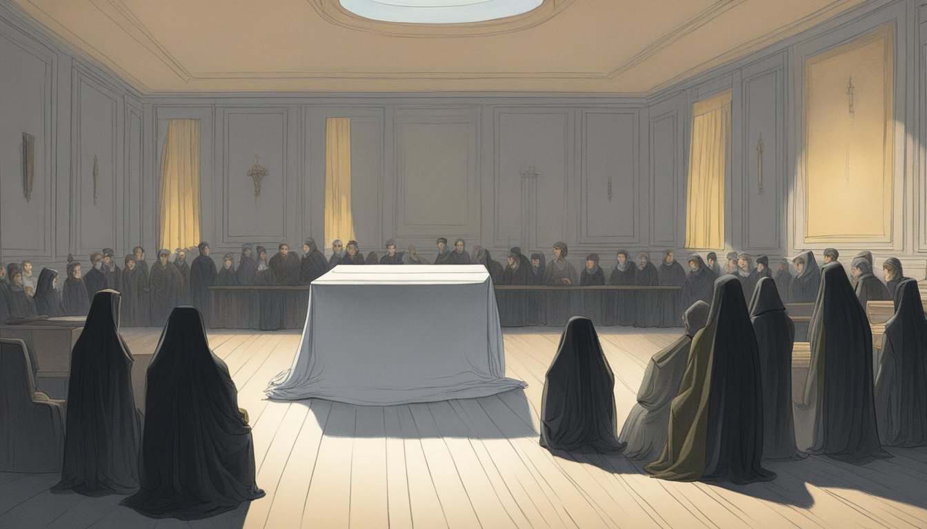 A dimly lit room with a draped table holding a covered form, surrounded by mourners in quiet reflection