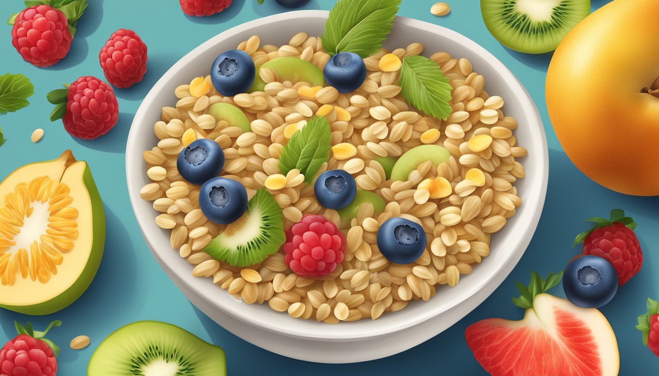 A bowl of Gerber organic barley cereal surrounded by fresh, colorful fruits and a spoon