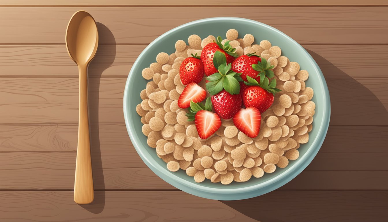 A bowl of Gerber organic multigrain cereal with sliced strawberries on a wooden table, with a spoon beside it