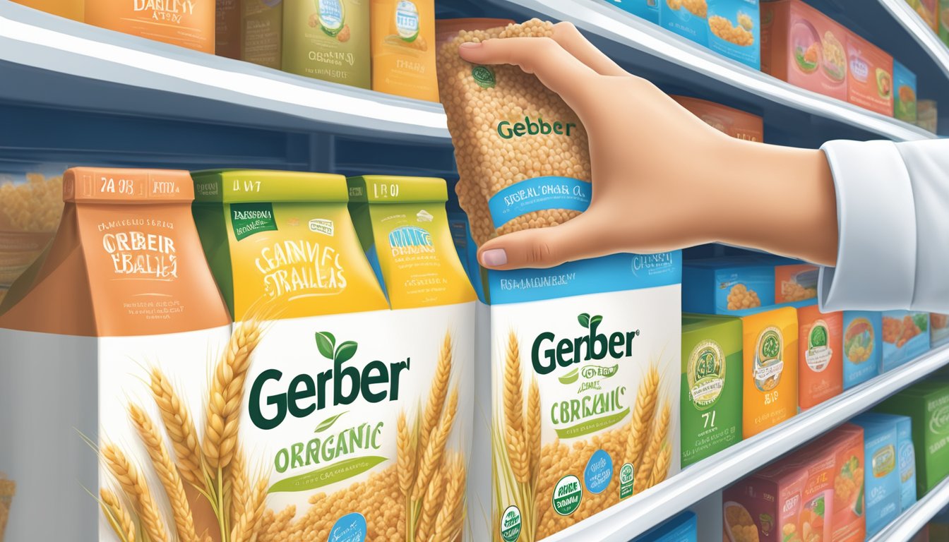 A hand reaching for a box of Gerber organic barley cereal on a supermarket shelf