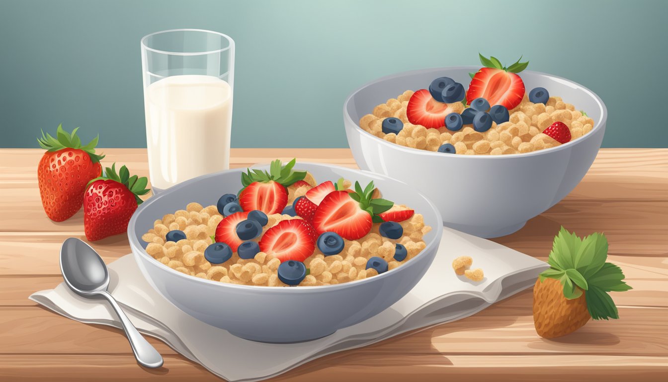 A bowl of Gerber organic multigrain cereal with strawberries surrounded by fresh fruit and a glass of milk on a wooden table