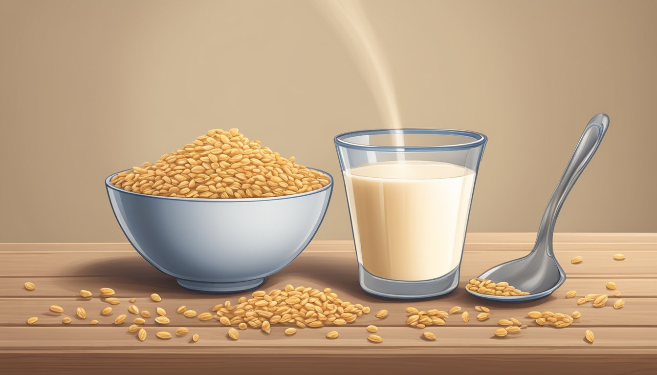 A bowl of Gerber Whole Wheat Cereal sits on a wooden table, surrounded by a spoon, milk, and a few scattered wheat grains