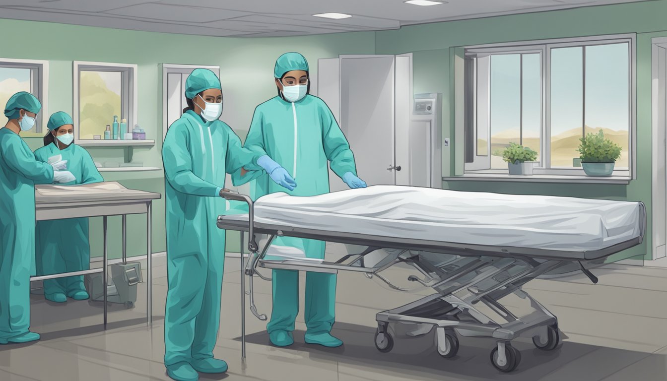 A medical worker in full PPE prepares a body for post-death procedures, while a somber family member watches from a distance