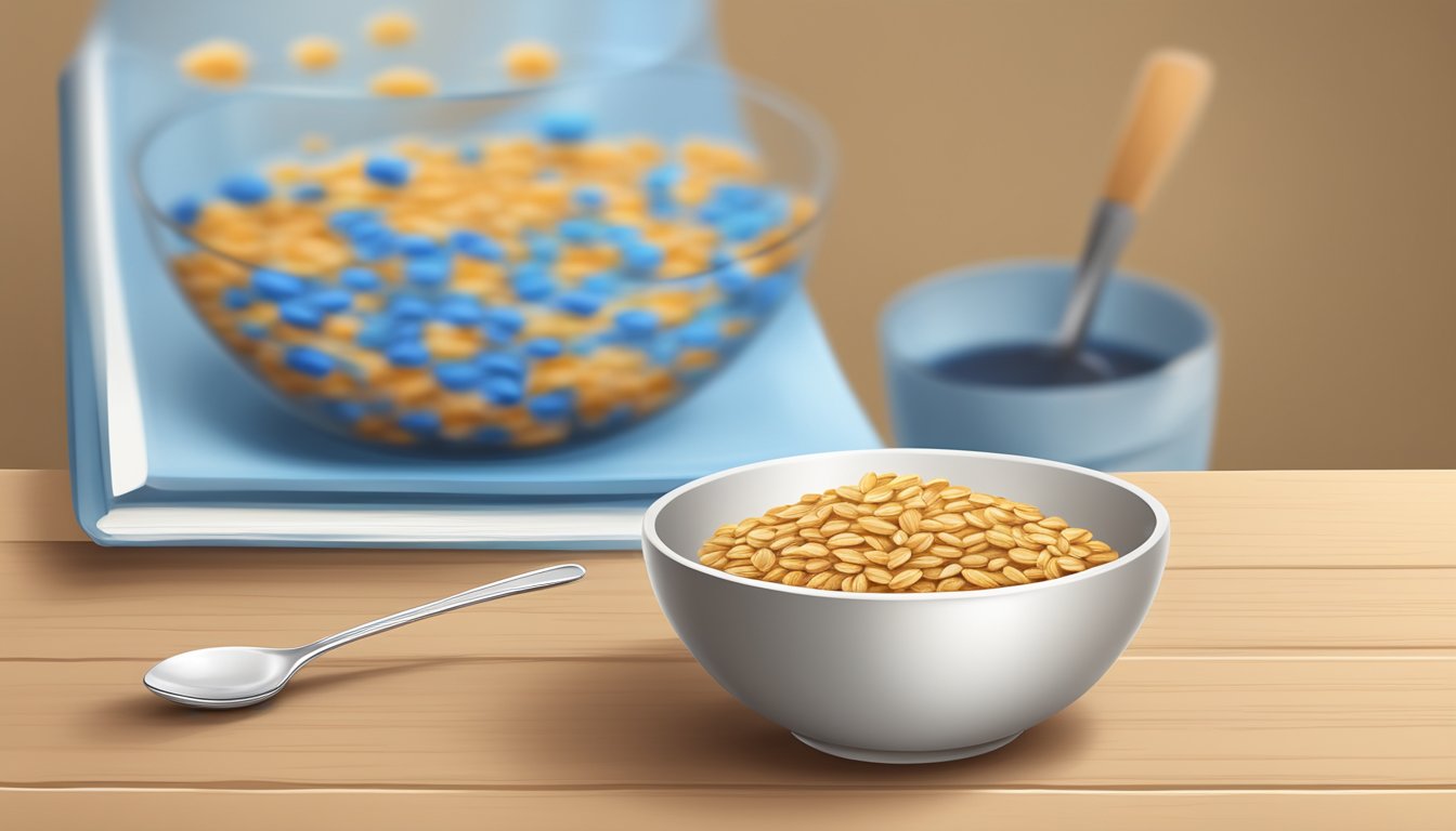 A bowl of whole wheat cereal with a spoon next to it on a table