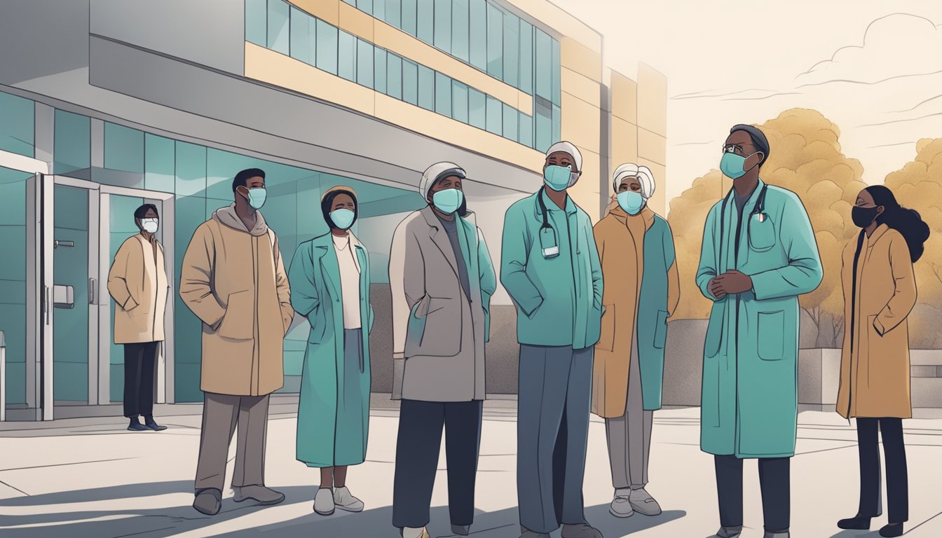 A group of people standing outside a hospital, wearing masks, with a sense of somberness and uncertainty in the air