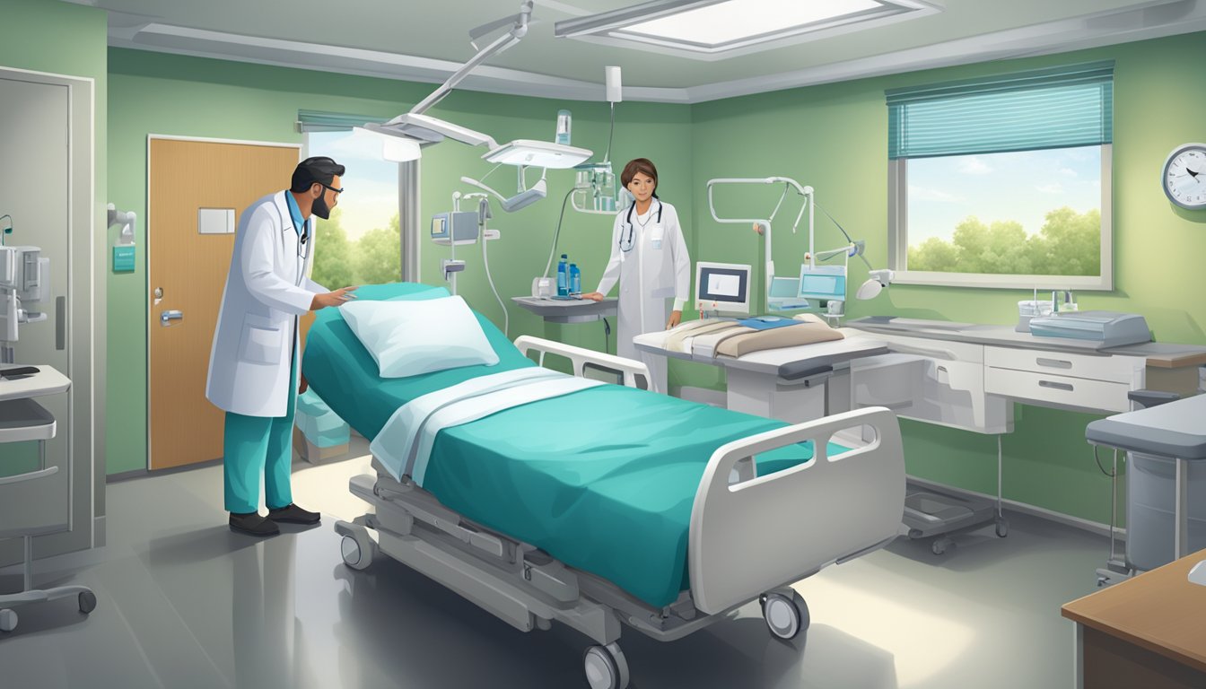 A hospital room with medical equipment, a patient's bed, and a doctor and family members discussing end-of-life care decisions