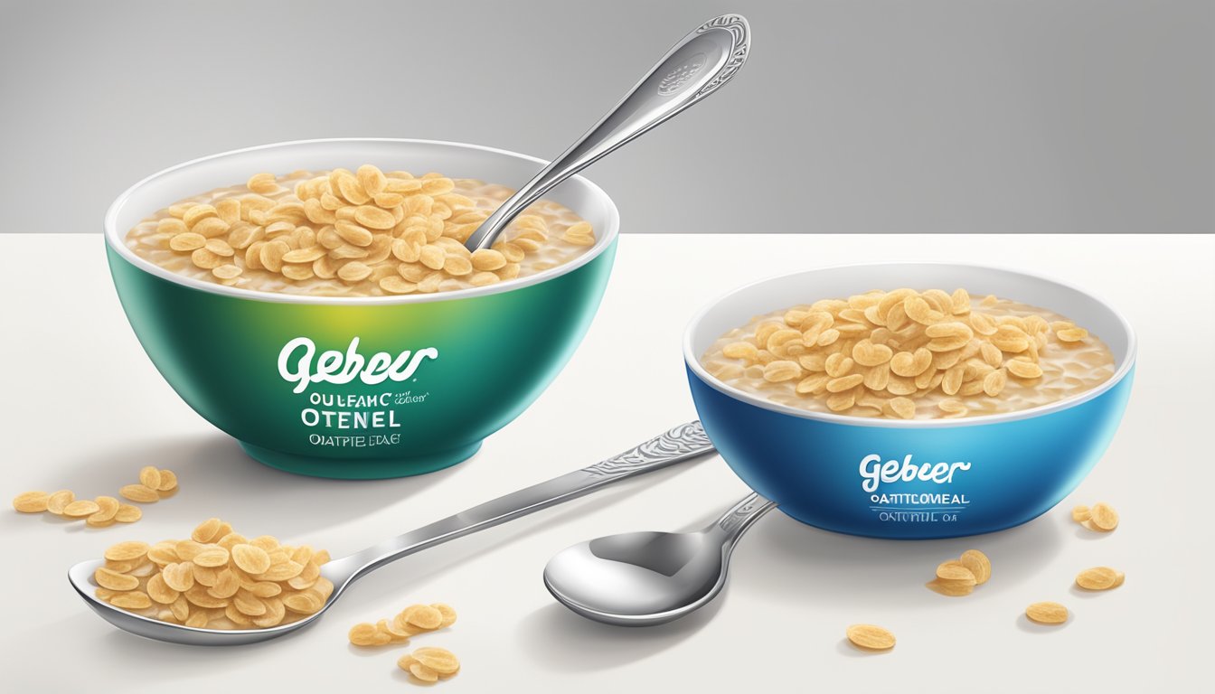 A bowl of Gerber oatmeal cereal with a spoon on a white table