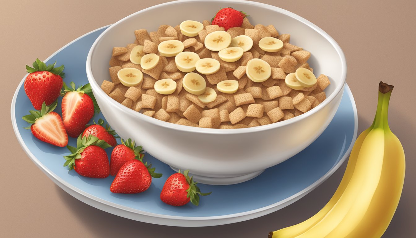 A bowl of Gerber Lil Bits whole wheat cereal with sliced banana and strawberry pieces