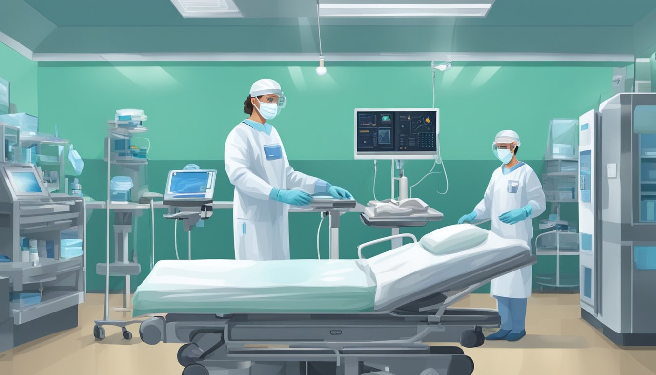 A healthcare worker in full protective gear performs post-death procedures in a hospital room, surrounded by medical equipment and supplies