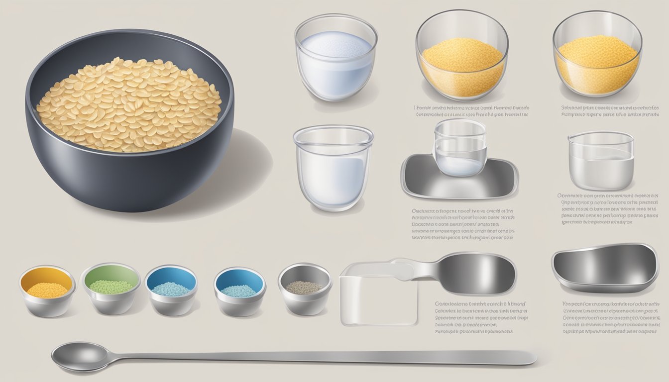 A bowl of Gerber oatmeal cereal with a spoon, surrounded by measuring cups and a feeding chart