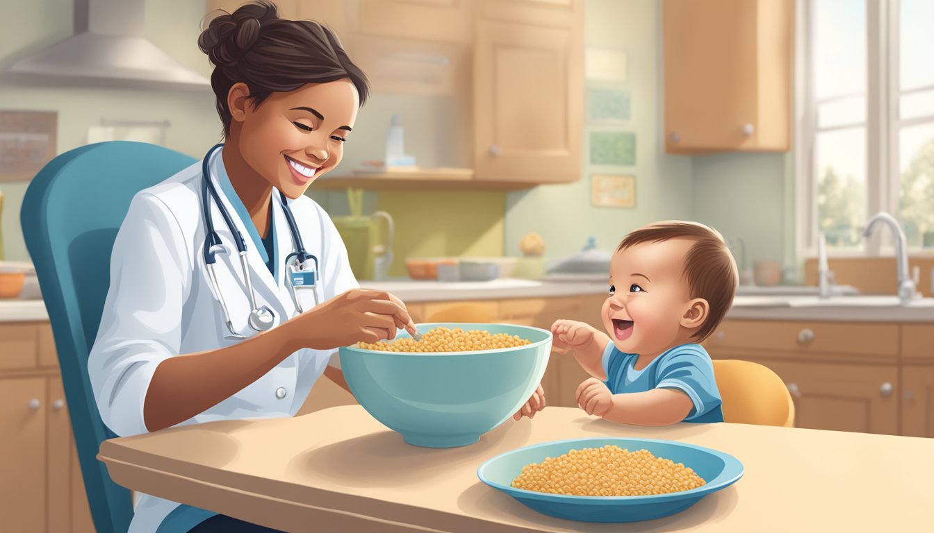 A baby sitting in a high chair, eagerly reaching for a bowl of Gerber whole wheat cereal while a smiling pediatrician looks on approvingly