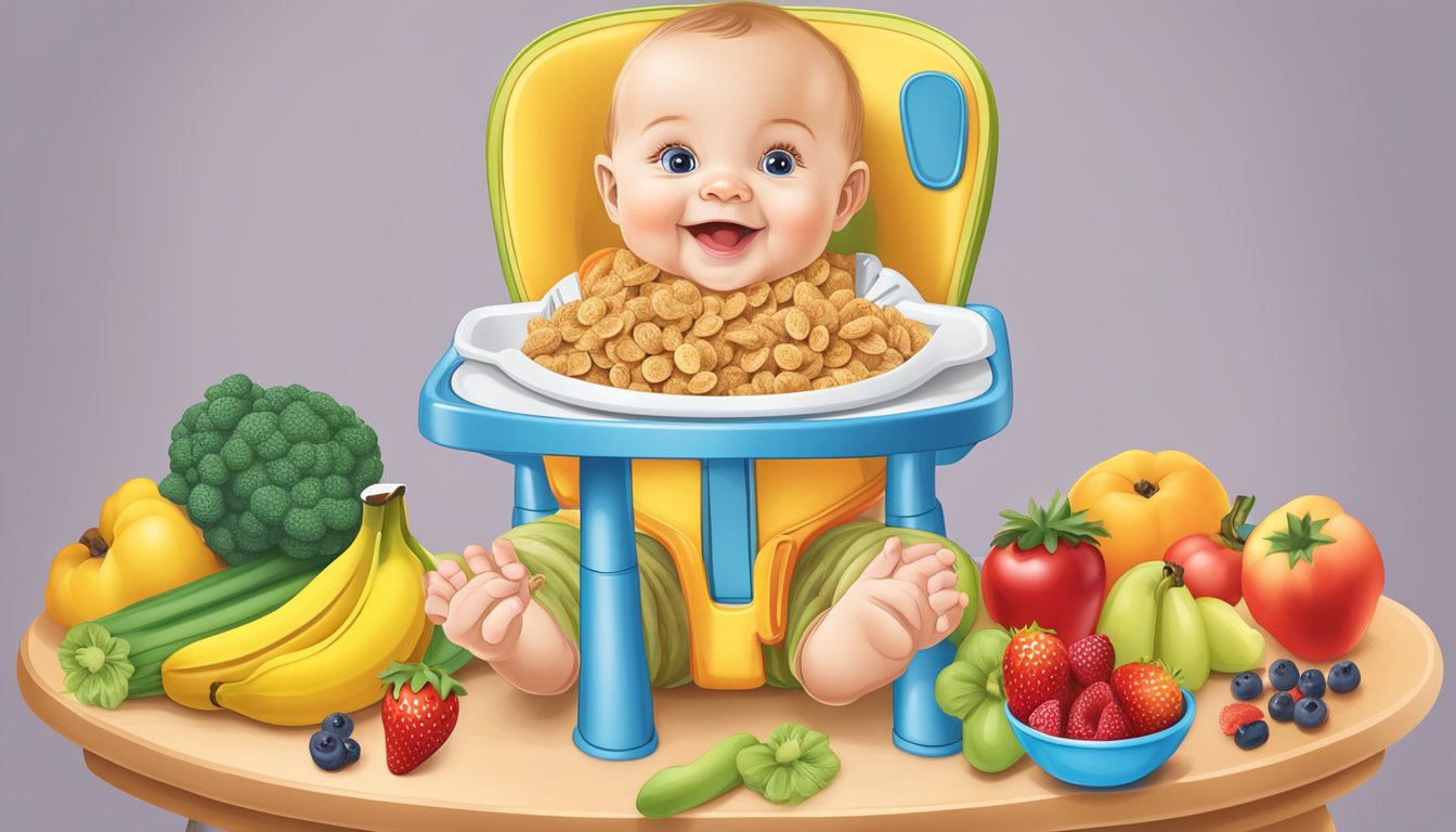 A baby's high chair with a bowl of Gerber Lil Bits whole wheat cereal topped with banana and strawberry, surrounded by colorful fruits and vegetables