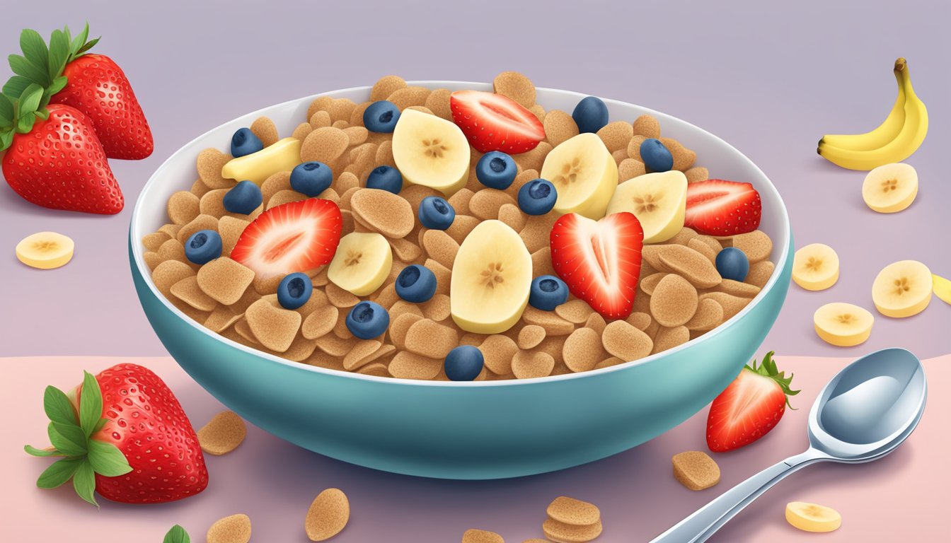 A bowl of Gerber Lil Bits whole wheat cereal with banana and strawberry pieces, surrounded by fresh fruit and a spoon