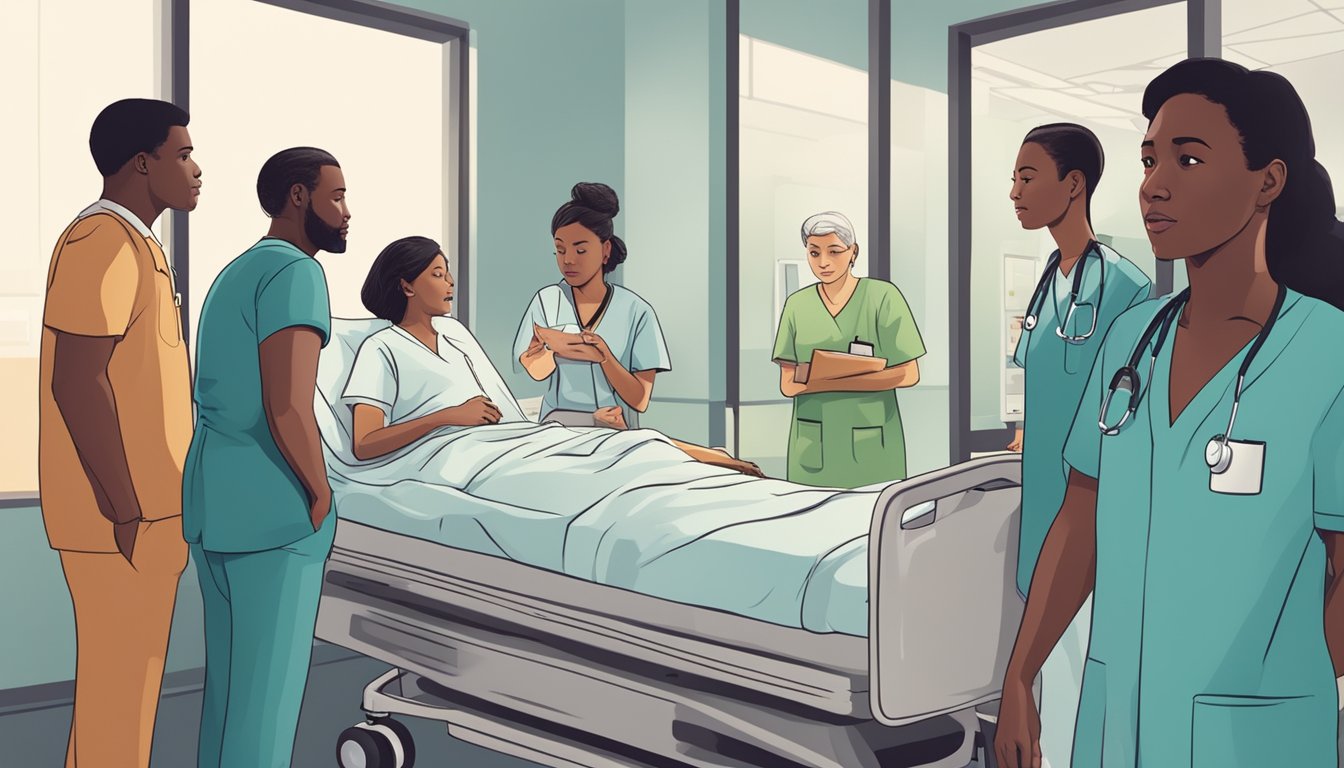 A diverse group of people gathered around a hospital bed, engaged in a serious discussion with medical professionals