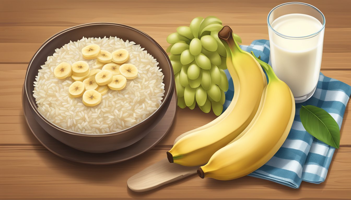 A bowl of Gerber organic rice cereal with banana surrounded by fresh fruit and a glass of milk on a wooden table