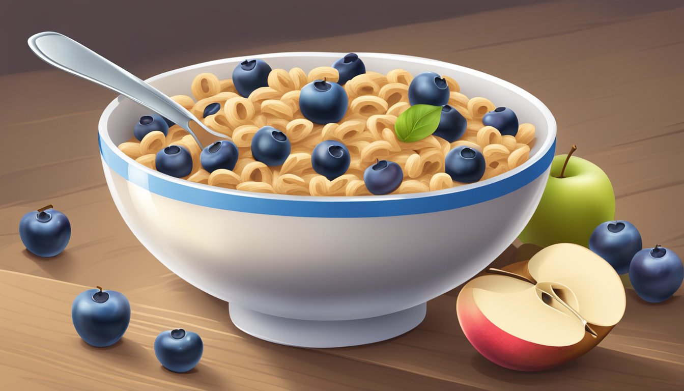 A bowl of whole wheat apple blueberry cereal with milk and a spoon on a wooden table