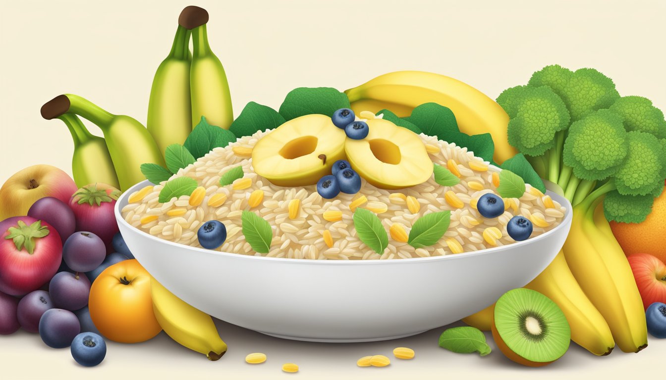 A bowl of Gerber organic rice cereal with banana, surrounded by fresh fruits and vegetables