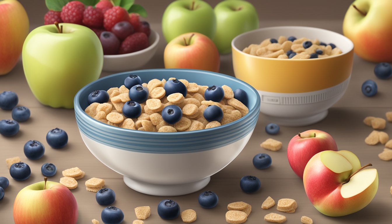 A bowl of Gerber Lil Bits whole wheat apple blueberry cereal surrounded by fresh fruit and a nutrition label