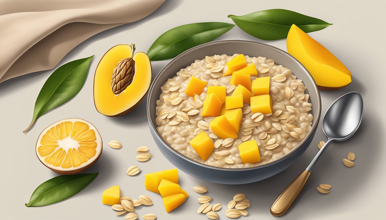 A bowl of Gerber Organic Oatmeal Cereal with Mango surrounded by fresh mango slices, oats, and a spoon