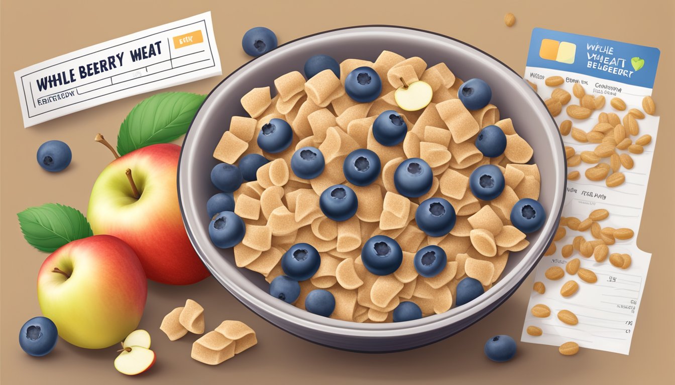 A bowl filled with whole wheat apple blueberry cereal surrounded by fresh fruits and a nutrition label