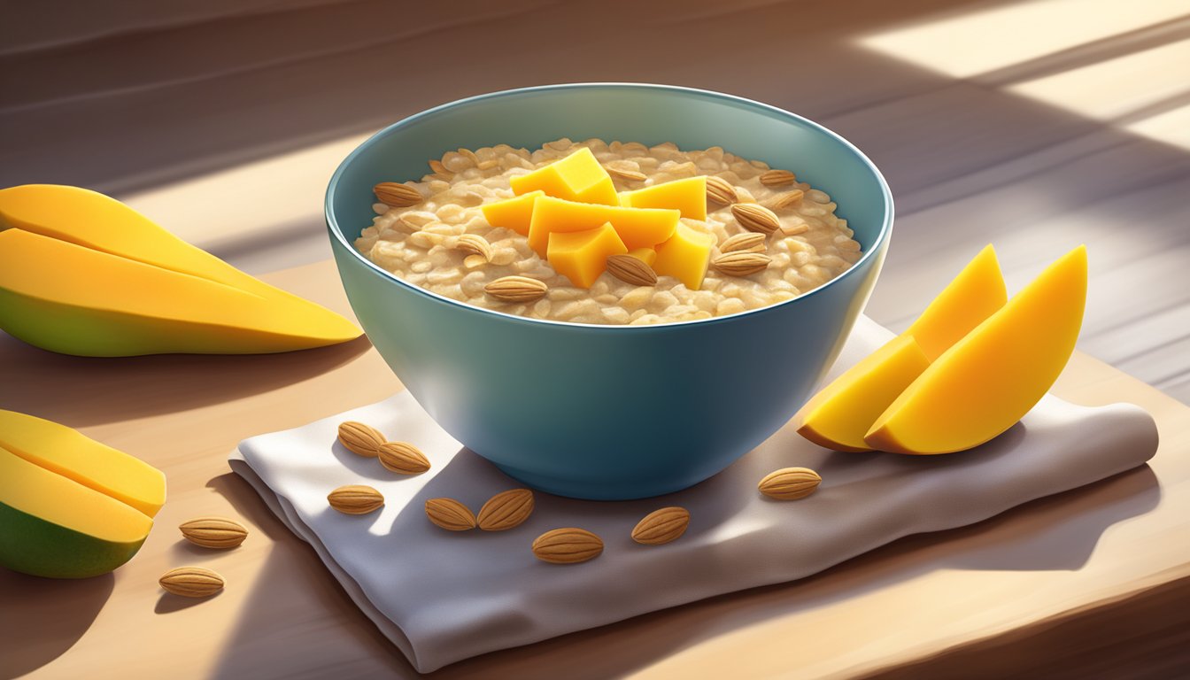 A bowl of Gerber organic oatmeal cereal with mango surrounded by fresh mango slices and oat grains. Sunlight streaming in from a window highlights the vibrant colors of the food