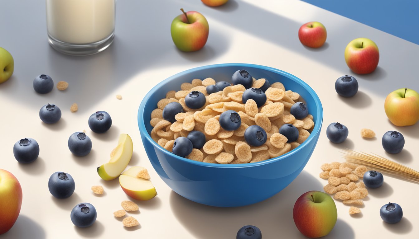 A bowl of whole wheat apple blueberry cereal with milk, surrounded by fresh fruit and a measuring spoon, with the Gerber Lil Bits logo in the background