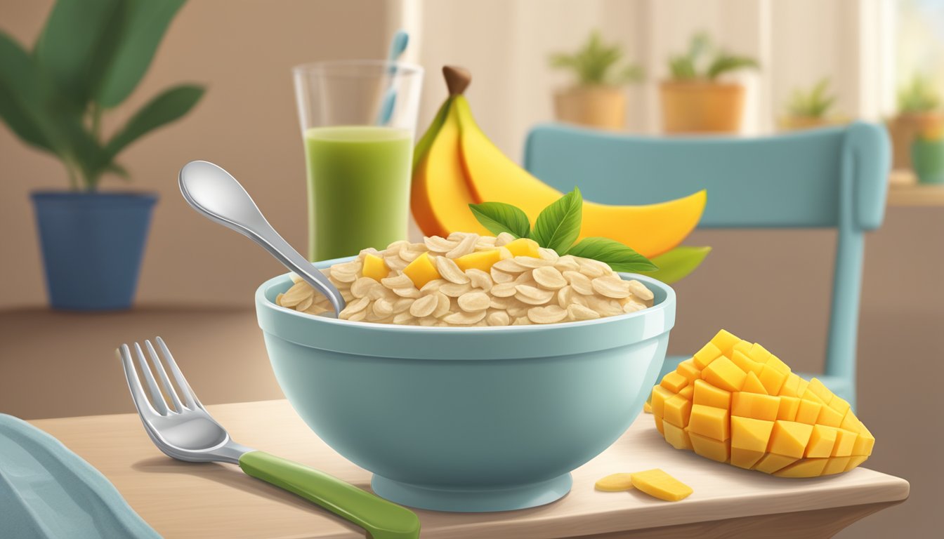 A bowl of Gerber organic oatmeal cereal with mango surrounded by fresh mango slices and a spoon, with a baby's high chair in the background