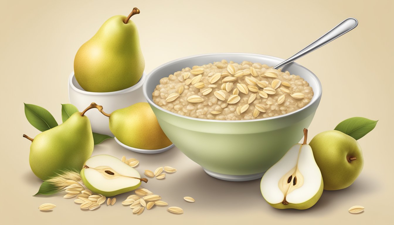 A bowl of Gerber organic oatmeal cereal with pear, surrounded by fresh pears and oats