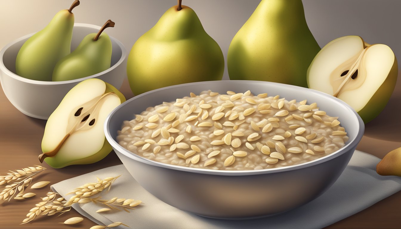 A bowl of Gerber organic oatmeal cereal with pear, surrounded by fresh pears and oats