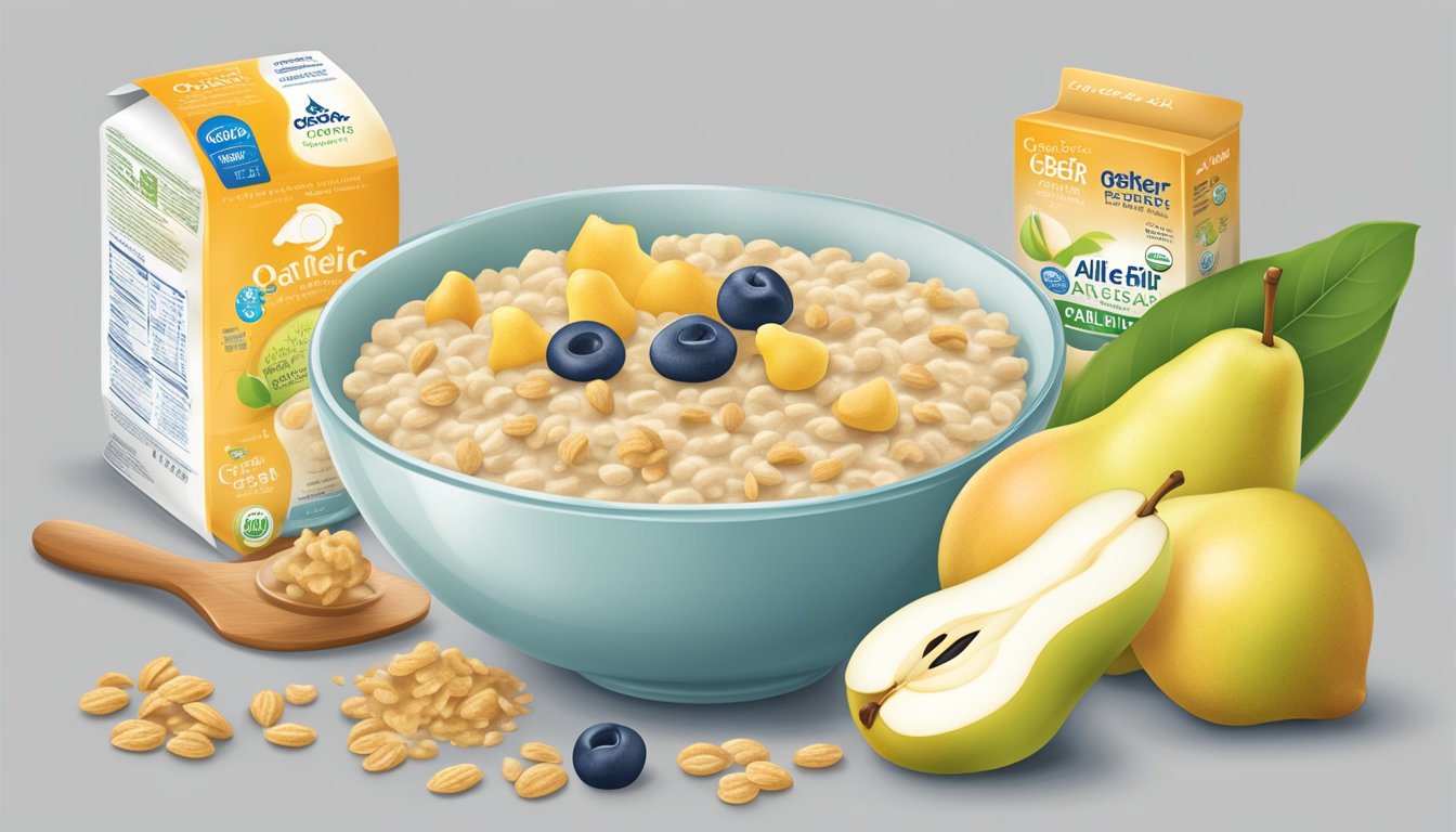 A bowl of Gerber organic oatmeal cereal with pear surrounded by various allergen symbols